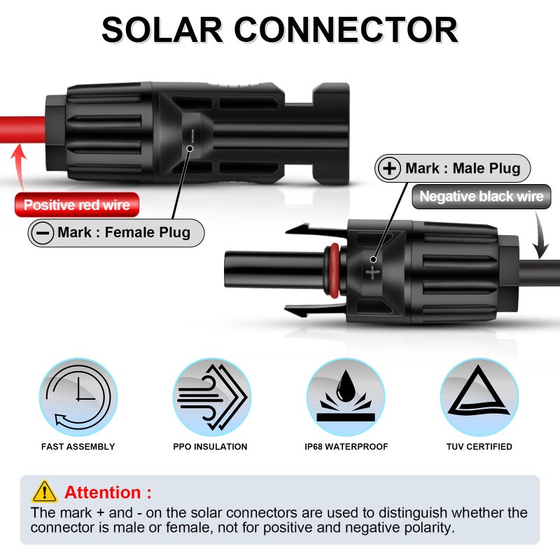 iGreely 1 Pair 6 Feet Black + 6 Feet Red 10AWG(6mmÂ²) Solar Panel Extension Cable Wire with Female and Male Connectors - Image 2